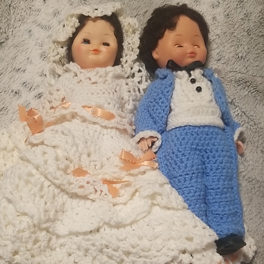 BRIDE AND GROOM DOLLS 13", Outfits Are Crocheted, EUC